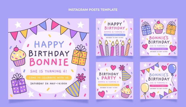 Postagem de aniversário infantil desenhada à mão no Instagram