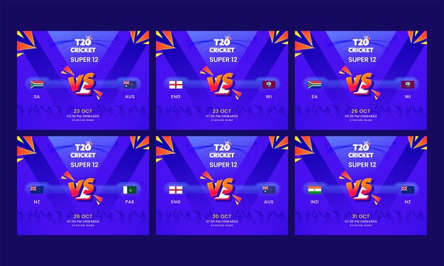 Postagem de mídia social t20 cricket super 12 com a equipe de países participantes no fundo abstrato violeta em seis opções.