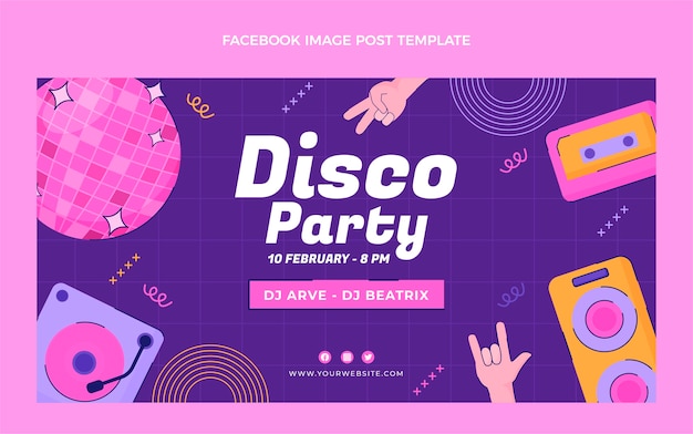Postagem do facebook da festa discoteca desenhada à mão