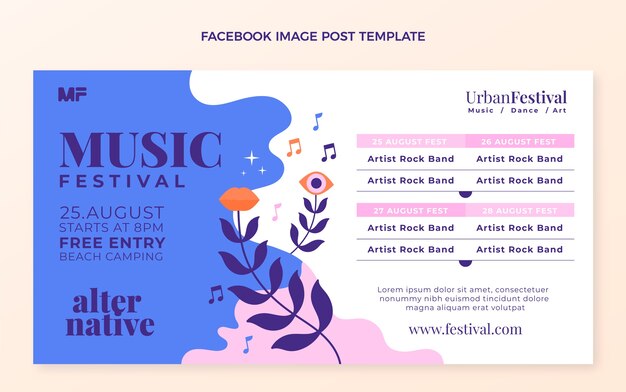 Postagem do facebook do festival de música colorida desenhada à mão