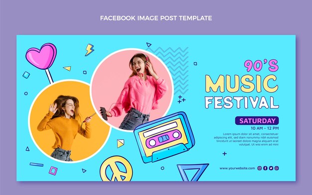 Postagem do facebook do festival de música nostálgica desenhada à mão