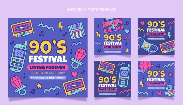 Postagem do Instagram do festival de música dos anos 90 desenhada à mão