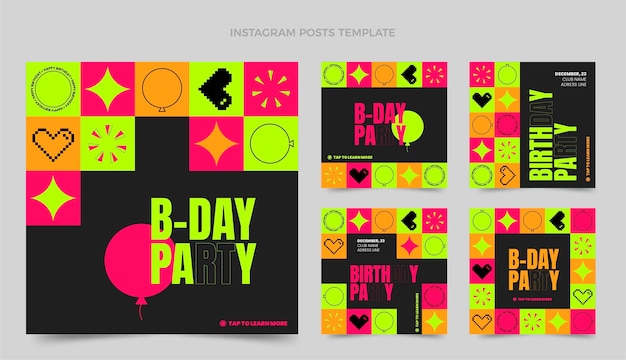 Vetor grátis postagens de instagram de aniversário em mosaico de design plano