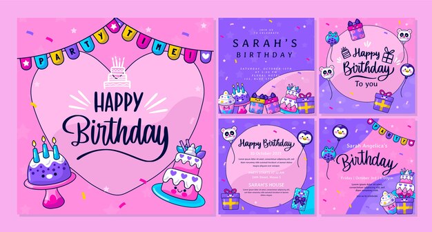 Postagens de instagram de aniversário infantil desenhadas à mão