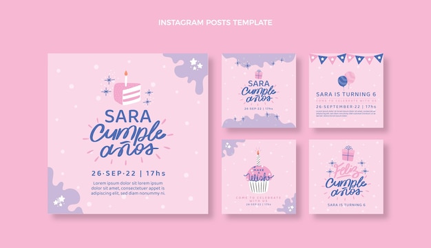 Postagens de instagram de aniversário mínimo de design plano