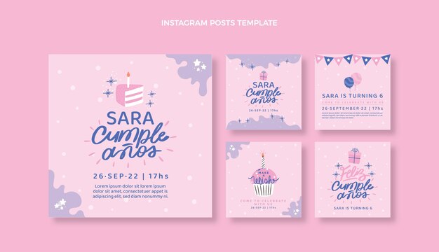 Postagens de instagram de aniversário mínimo de design plano