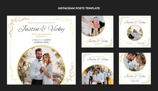 Postagens de instagram de casamento de ouro de luxo realistas