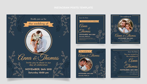 Postagens de instagram de casamento floral desenhadas à mão