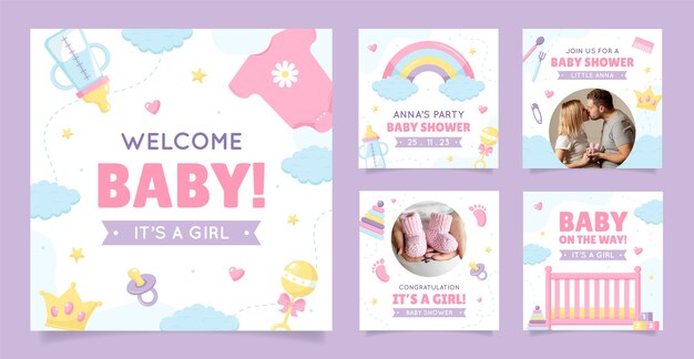 Postagens de instagram de chá de bebê desenhadas à mão