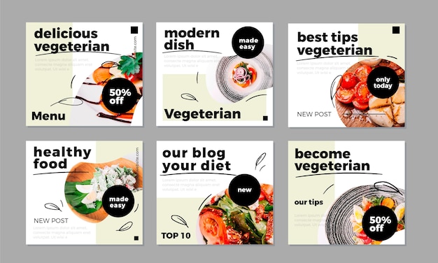 Postagens de instagram de comida vegetariana desenhada à mão