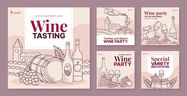 Vetor grátis postagens de instagram de degustação de vinhos desenhadas à mão