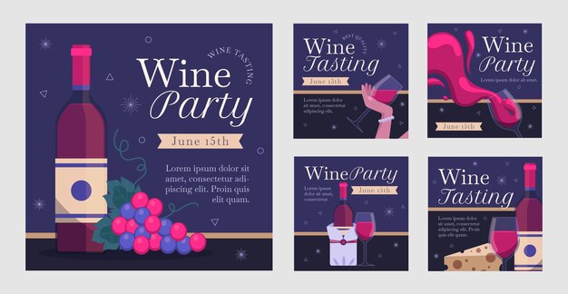 Postagens de instagram de festa de vinho desenhadas à mão