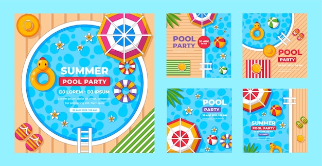 Postagens de instagram de festa na piscina desenhadas à mão