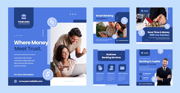 Vetor grátis postagens de instagram de negócios de banco de design plano