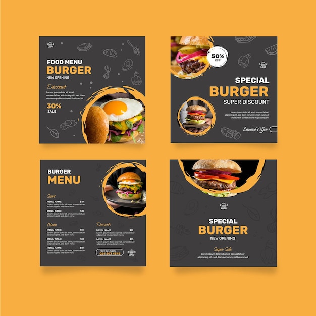 Vetor grátis postagens de instagram de restaurantes de hambúrgueres