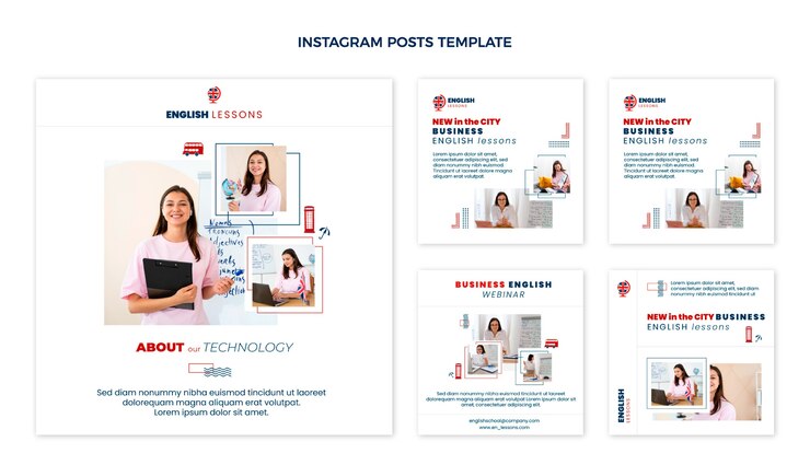 Vetor grátis postagens do instagram de aulas de inglês para negócios de design plano