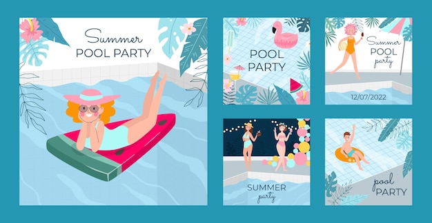 Vetor grátis postagens do instagram de festa na piscina dos desenhos animados