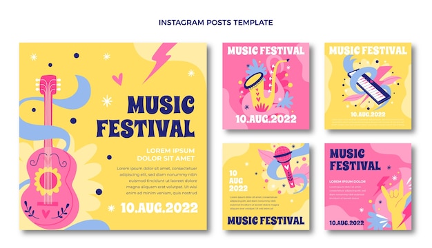 Postagens do Instagram de festivais de música desenhadas à mão