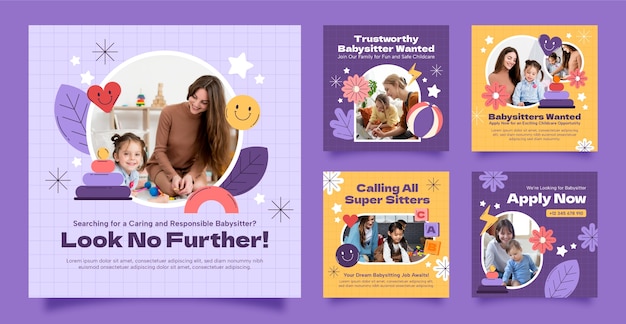 Postagens do instagram de trabalho de babá de design plano