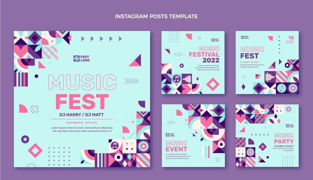 Postagens do instagram do festival de música em mosaico de design plano