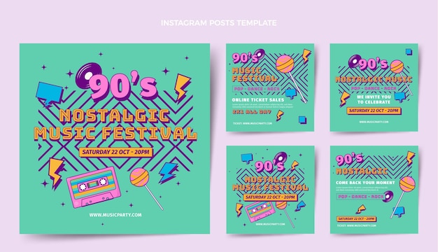 Postagens do instagram do festival de música nostálgica de design plano