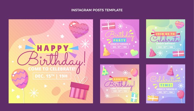 Postagens gradientes coloridas de aniversário no Instagram
