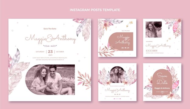 Postagens no Instagram do casamento boho em aquarela