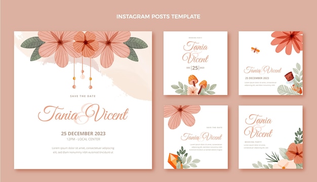 Vetor grátis postagens no instagram do casamento boho em aquarela