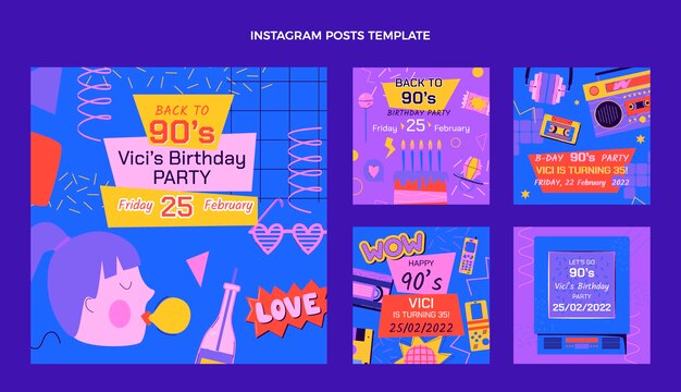 Postagens nostálgicas do instagram do aniversário dos anos 90 desenhadas à mão