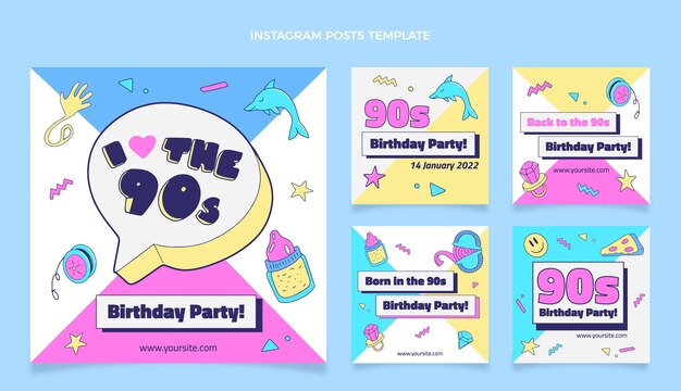 Postagens nostálgicas do instagram do aniversário dos anos 90 desenhadas à mão