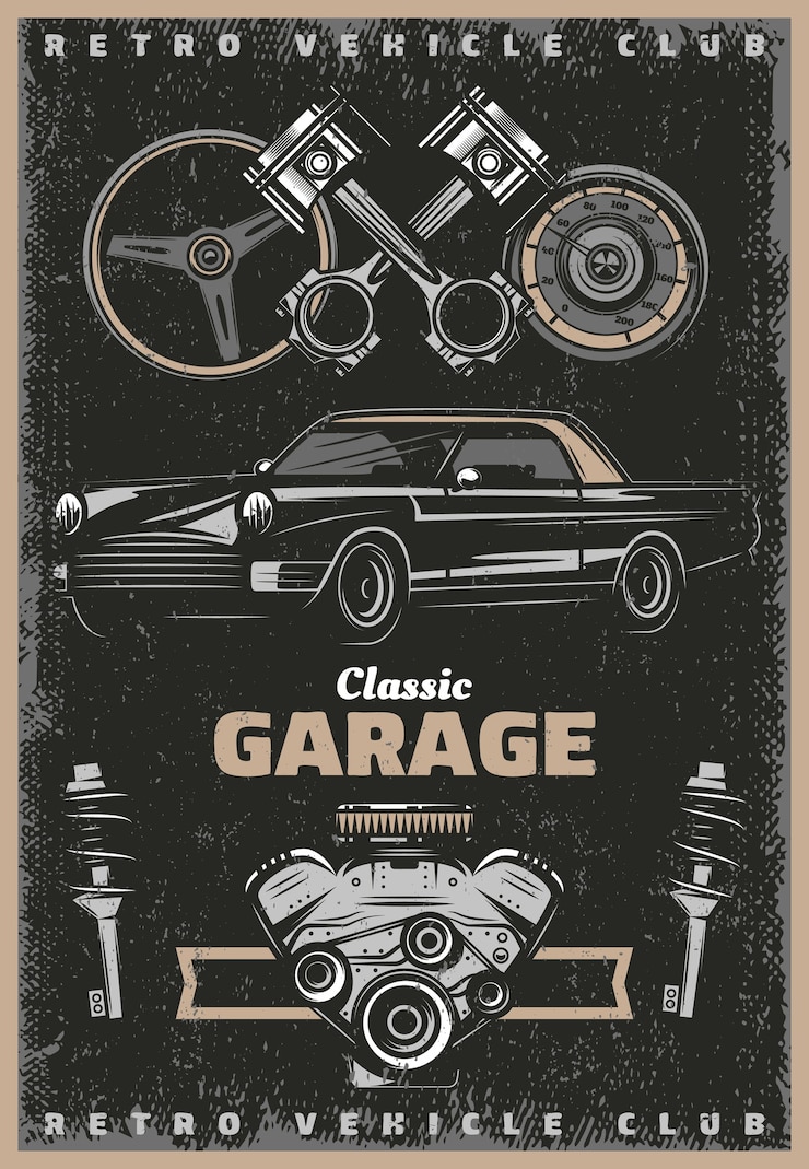 Vetor grátis pôster clássico colorido vintage de serviço de garagem com amortecedores retro do velocímetro do motor do carro e pistões