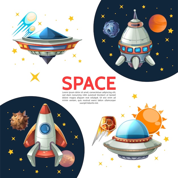 Pôster colorido de desenho animado com ilustração vetorial de estrelas de meteoros, cometas, asteróides, foguete, foguete, ufo, sol, planetas