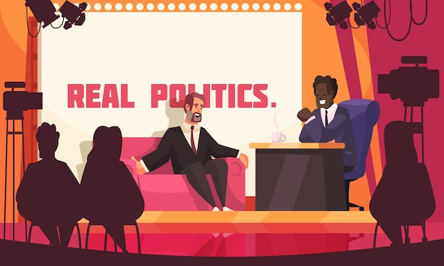 Pôster colorido de um estúdio de tv sobre política real com dois homens fantasiados discutindo questões políticas