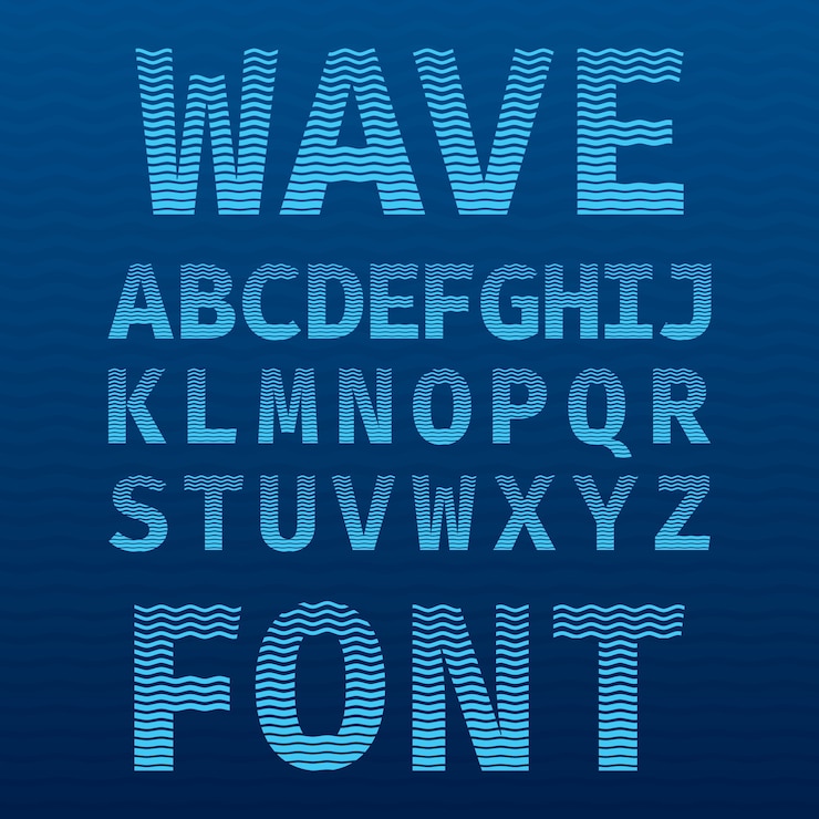 Vetor grátis pôster da fonte wave original com alfabeto no azul como uma ilustração do mar