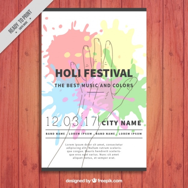 Vetor grátis poster festival holi com a mão e coloridas manchas