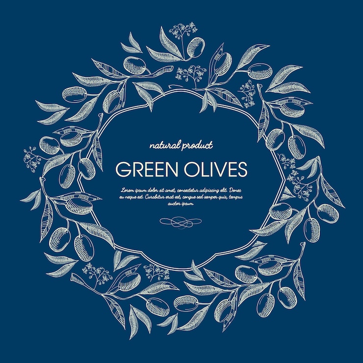 Vetor grátis pôster floral vintage abstrato com texto em moldura elegante e ramos de azeitonas verdes em azul
