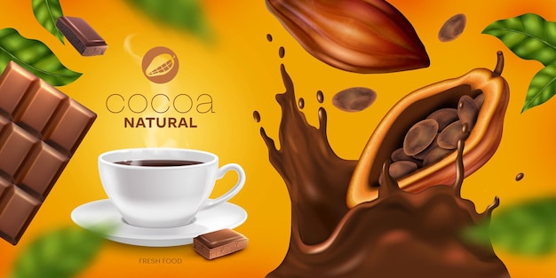 Vetor grátis poster horizontal de cacau natural com xícara de bebida quente, chocolate, cápsulas de cacau e salpicos, ilustração vetorial realista