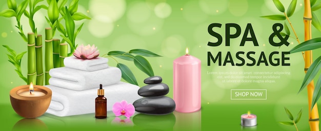 Poster horizontal realista de bambu com título de spa e massagem e ilustração vetorial do botão de compra agora