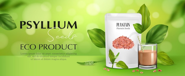 Vetor grátis pôster realista de superalimento psyllium com sacola de produtos ecológicos e planta em ilustração vetorial de fundo