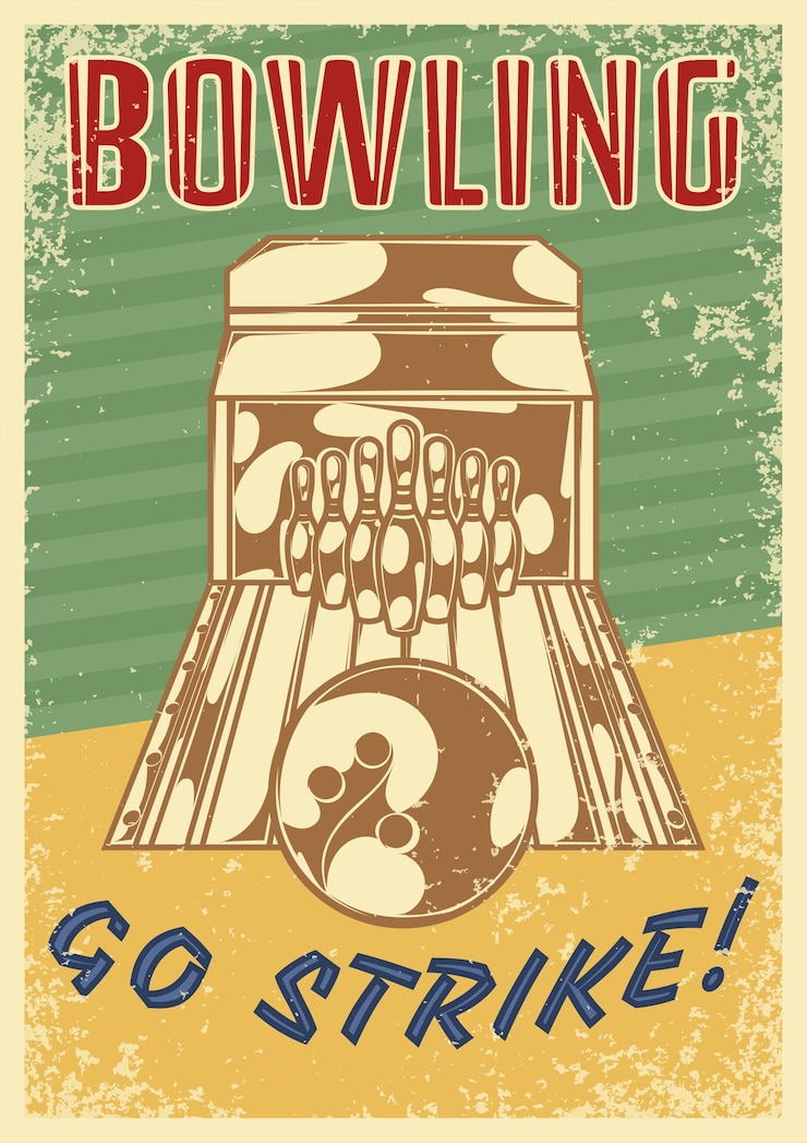 Vetor grátis poster retro de boliche com composição vertical de imagem de pista de boliche de dez pinos e texto ornamentado editável