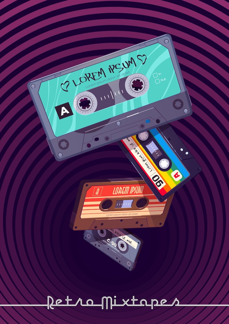 Vetor grátis pôster retrô de mixtapes com fitas de mixagem de áudio caindo em um buraco profundo com cassetes de padrão hipnótico