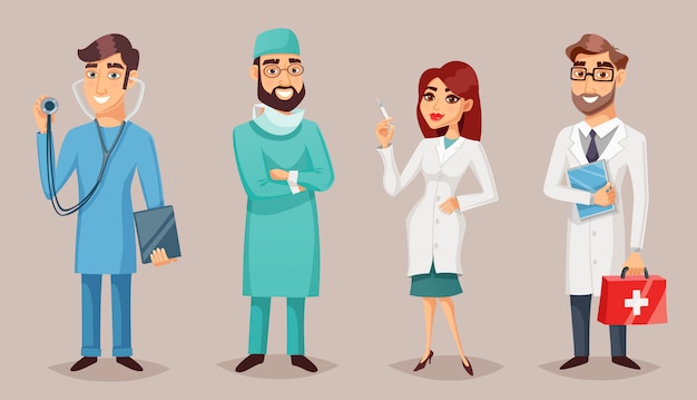 Poster retro dos desenhos animados dos povos médicos dos profissionais
