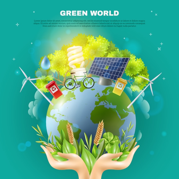 Vetor grátis poster verde da composição do conceito da ecologia do mundo