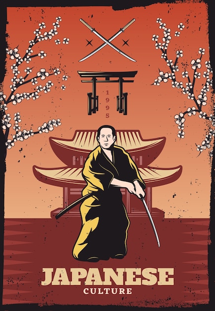 Pôster vintage colorido da cultura japonesa com samurai segurando uma espada sakura galhos de árvore portões tradicionais e construção