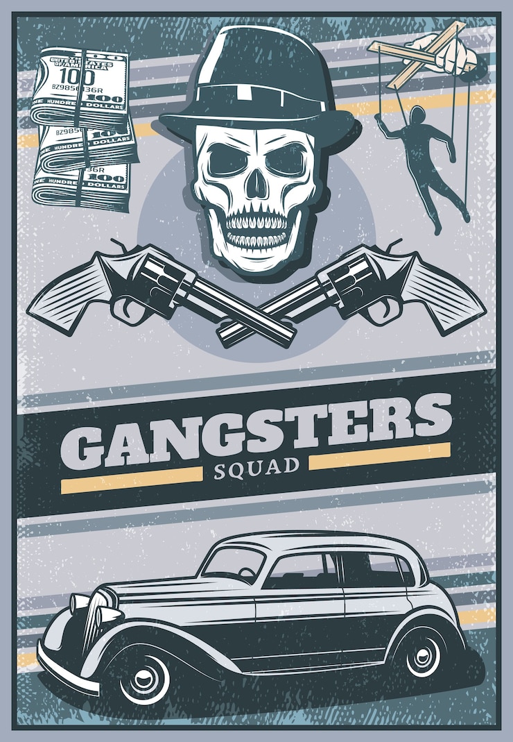 Vetor grátis pôster vintage colorido de gângster com caveira usando chapéu de máfia dinheiro de carro cruzado revólveres mão com fantoche