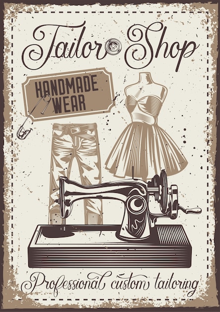 Vetor grátis poster vintage com ilustração de calça, manequim e máquina de costura