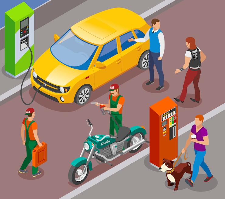 Vetor grátis postos de gasolina reabastecem composição isométrica com colunas de enchimento de gasolina para carros e motos com personagens de pessoas