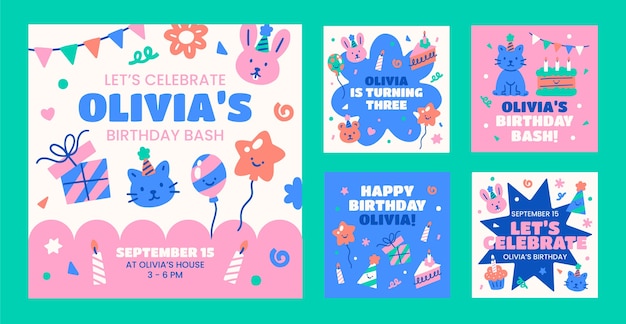 Vetor grátis posts de aniversário desenhados à mão no instagram