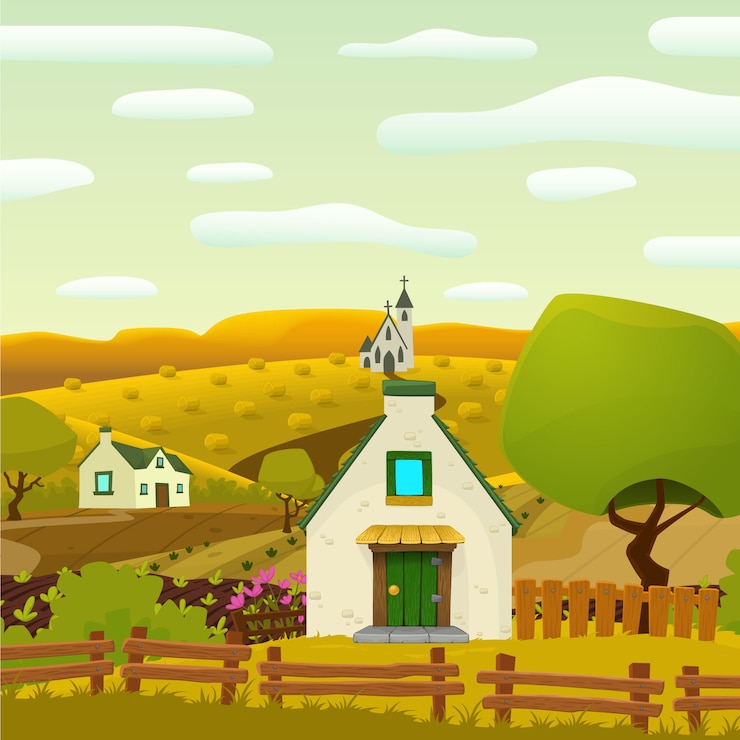 Vetor grátis praça da aldeia primavera ilustração dos desenhos animados vector paisagem