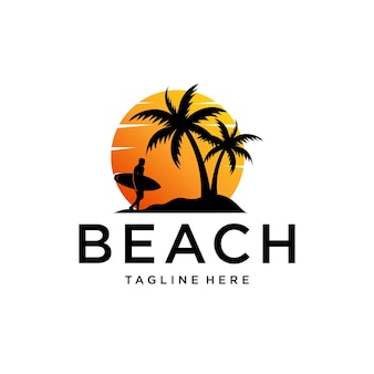 Praia com silhueta de surfista sol e modelo de design de logotipo de palma